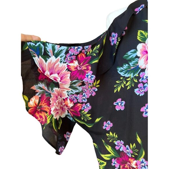 Floral Cold-Shoulder Blouse‎ By Umgee USA - Size S Navy Black Background - Picture 3 of 8